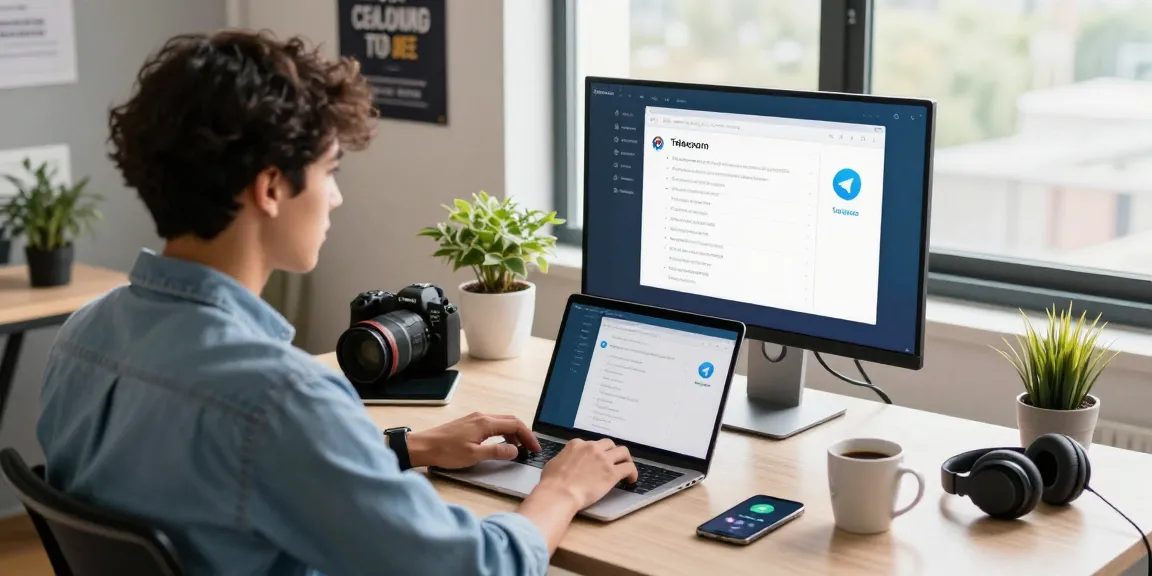Download Telegram on a modern workspace with a laptop showing its interface, emphasizing productivity.