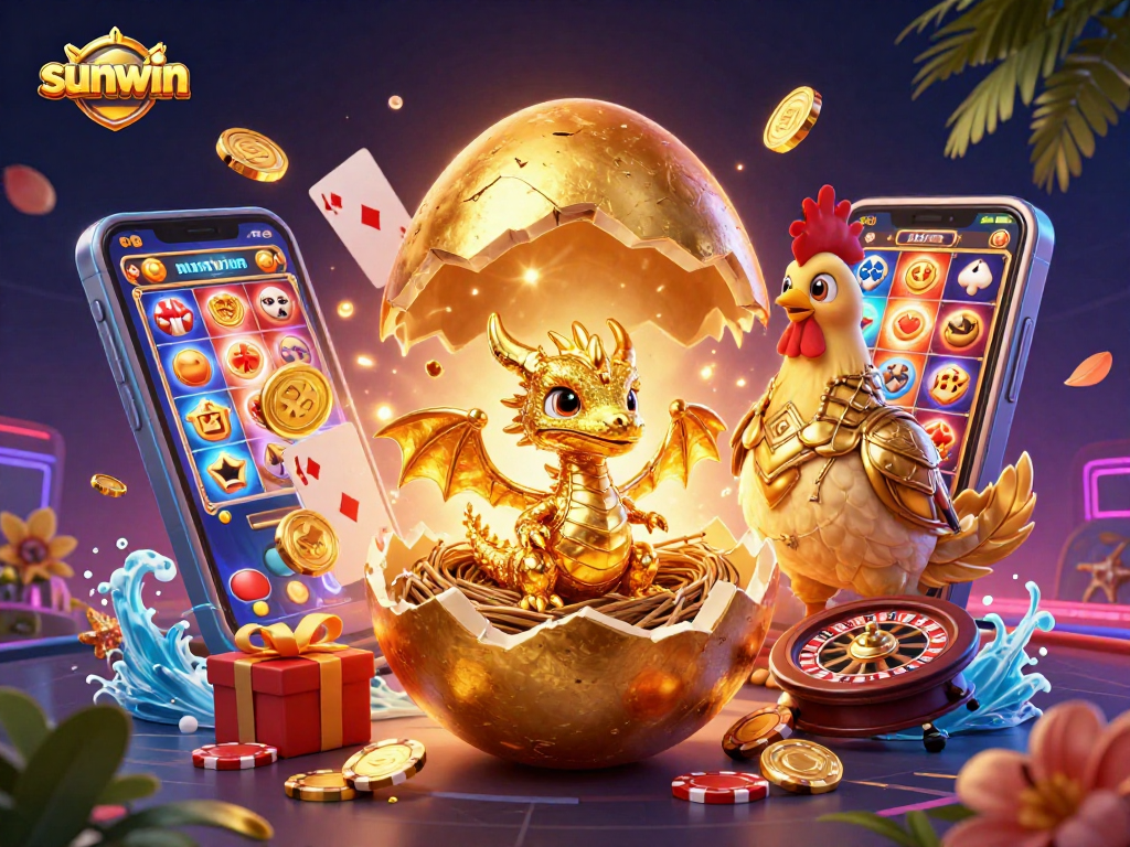 Experience sunwin's thrilling gaming world featuring golden dragon and poker chips in a vivid 3D scene.