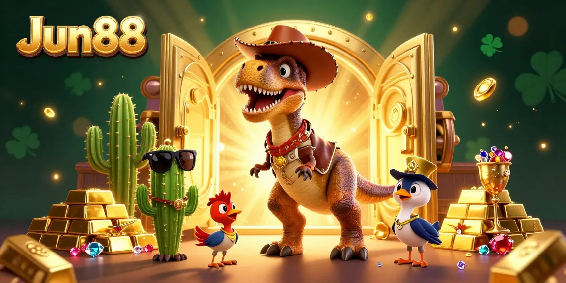 Experience thrilling wins at Jun88 with vibrant casino characters and dynamic gold treasures.