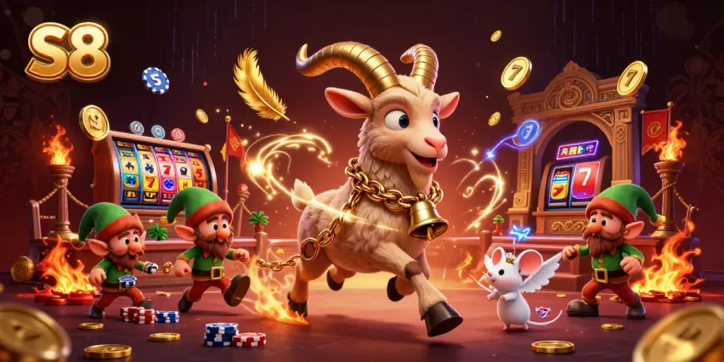 Experience the vibrant world of S8 casino through a festive Krampus goat amidst a chaotic holiday-themed gaming scene.