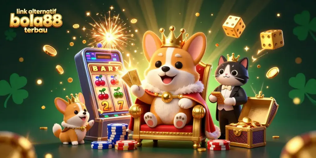Engage with the link alternatif bola88 terbaru showcasing a royal corgi on a throne of poker chips amidst dynamic gaming elements.