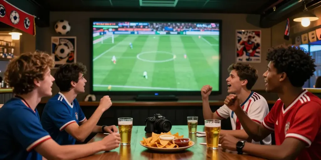 Fans engaging in live football viewing at a bar, representing community and excitement on xoilactvx.me.