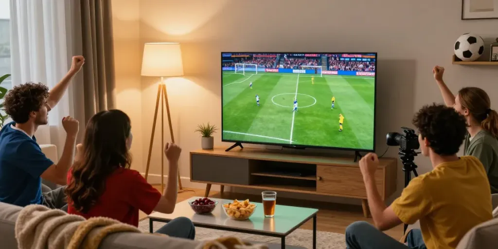 CakhiaTV live match viewing party with friends cheering, snacks, and drinks.