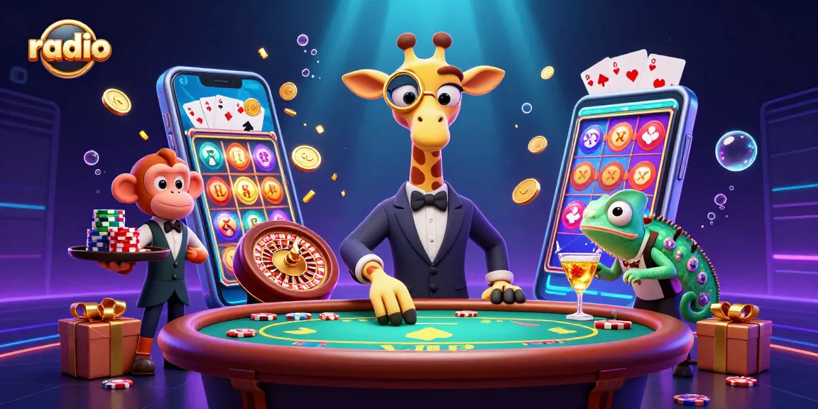 Win big at the radio-themed casino with a giraffe, monkey, and chameleon.