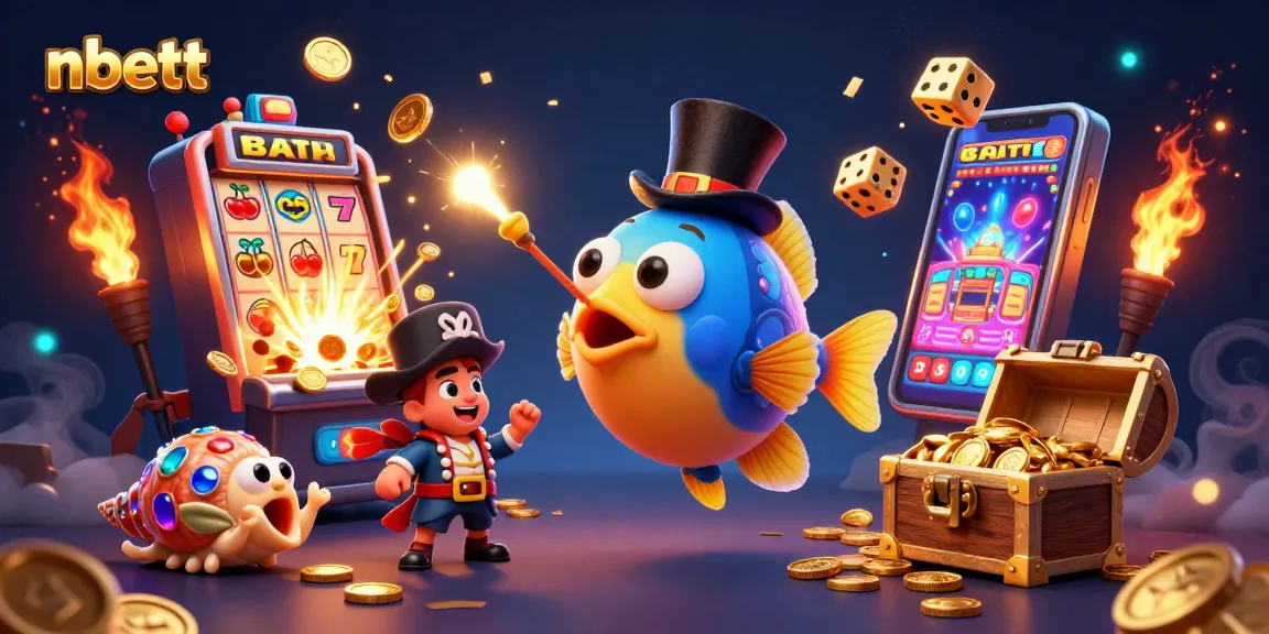 nbett's cartoon anglerfish attracts golden coins amidst a vibrant casino scene with slot machines.