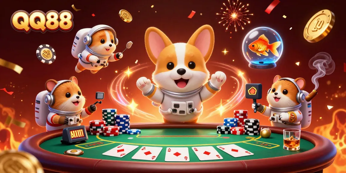 Experience the excitement of QQ88 with a dynamic space-themed casino scene featuring playful characters.