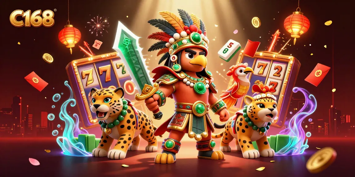 Engage with C168 and win jackpots; 3D illustration of an Aztec warrior and dynamic game elements.