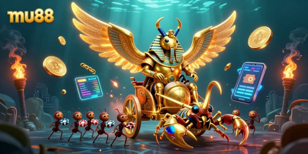 Engage with mu88's thrilling casino games in a vibrant 3D scene featuring colorful characters and crypto elements.