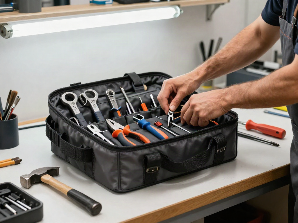 Valigetta porta attrezzi ben organizzata con strumenti professionali nel laboratorio.