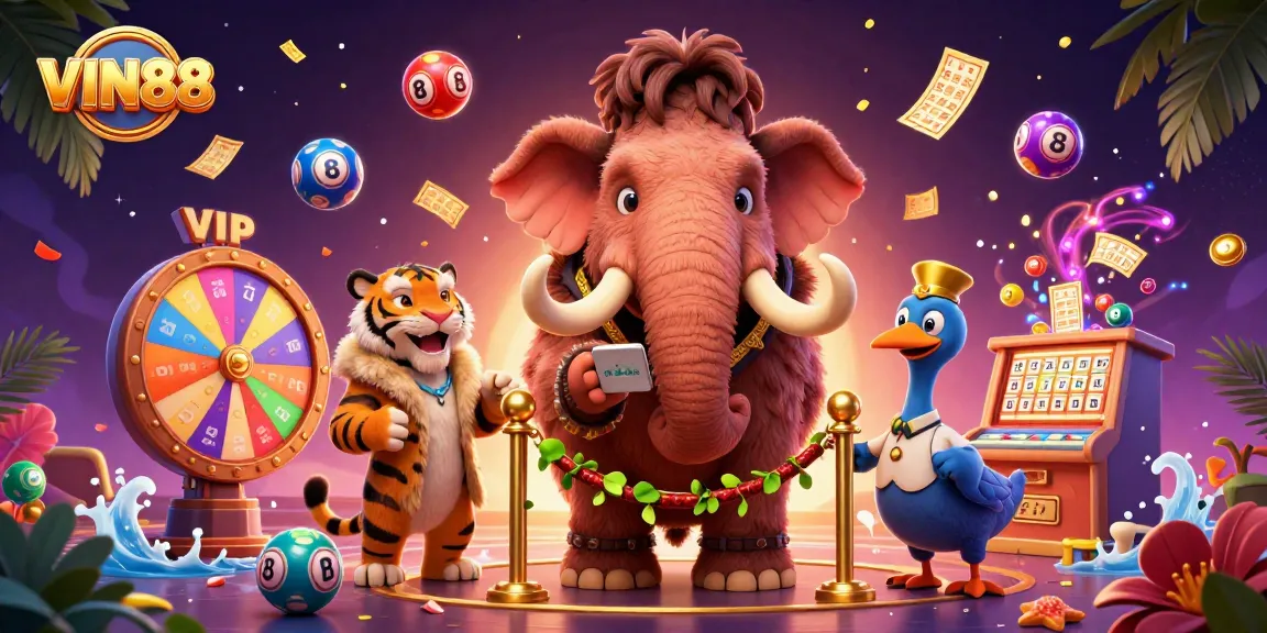 Experience excitement at VIN88 with a vibrant scene featuring a woolly mammoth bouncer and dynamic lottery balls.