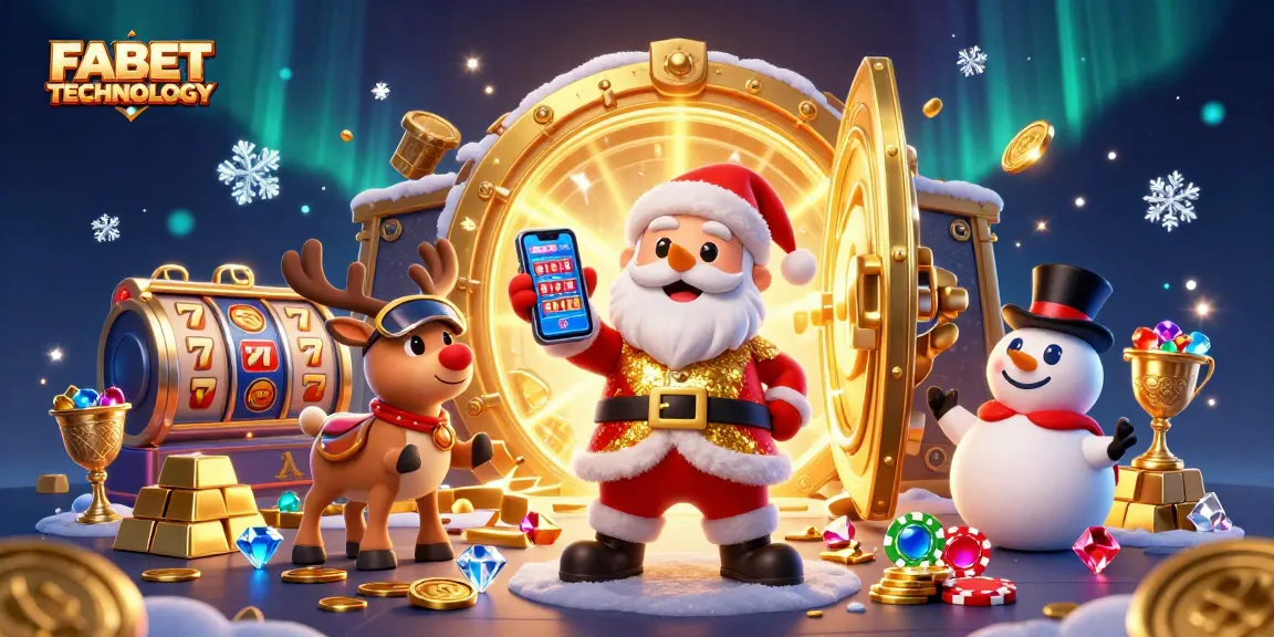 FABET TECHNOLOGY showcases a festive casino scene with Santa and friends celebrating jackpots.