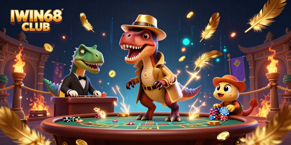Engage in thrilling bets at the IWIN68 CLUB with a velociraptor card counter amidst vibrant casino elements.