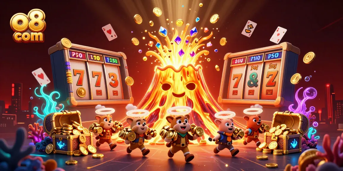 Experience thrilling gaming action with o8 com's vibrant casino illustration featuring treasures and jackpots.