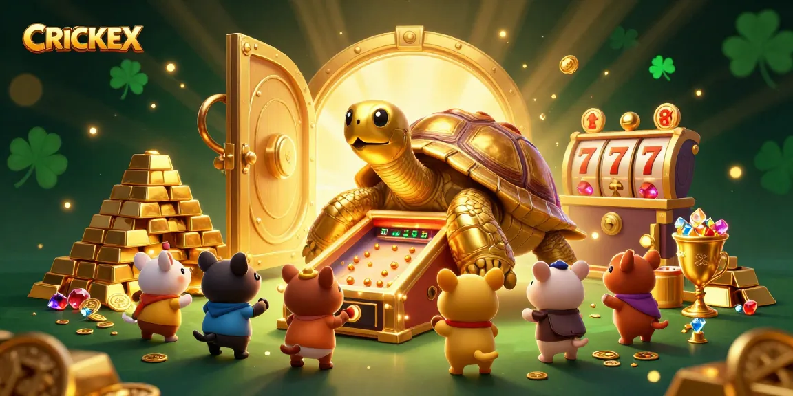 Experience CRICKEX's vibrant gaming world with a colossal tortoise pinball machine and golden treasures.