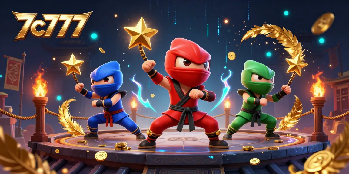 A thrilling 7c777 casino scene features ninja chameleons engaging in martial arts amid rich symbols like gold coins and betting tokens.