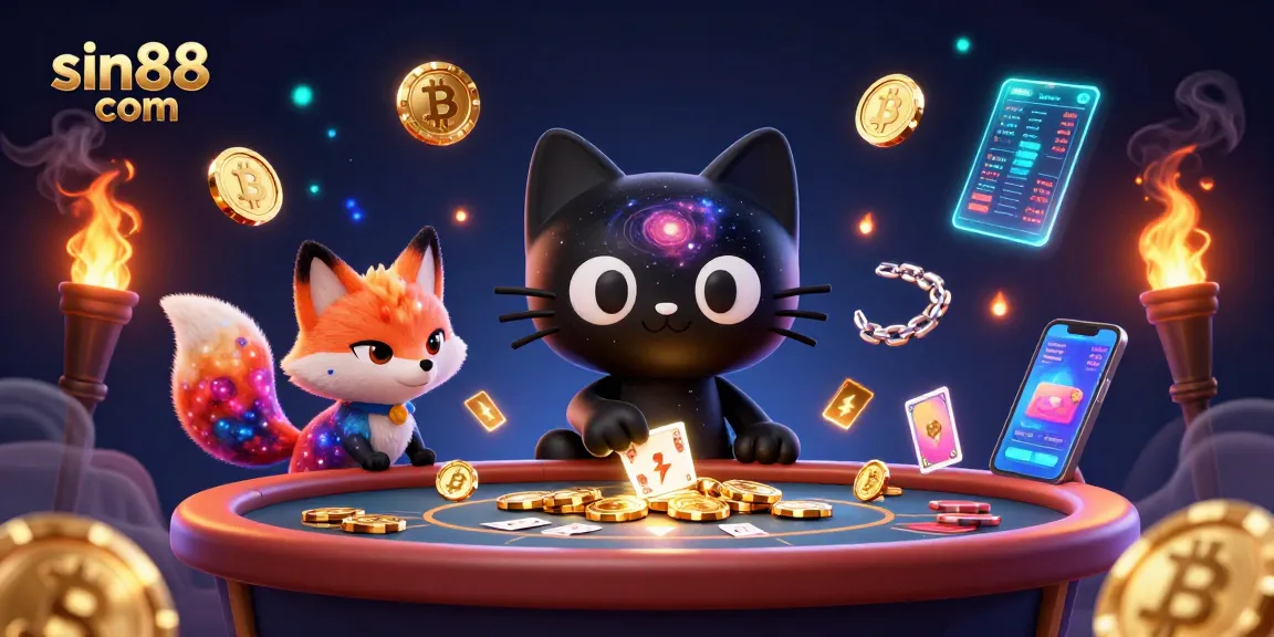 Engage with sin88 com at a cosmic casino table featuring a black hole cat and colorful fox.