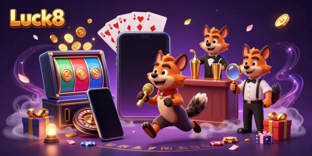 Luck8 hyenas animate a comedy casino with slots and poker, featuring colorful game elements.