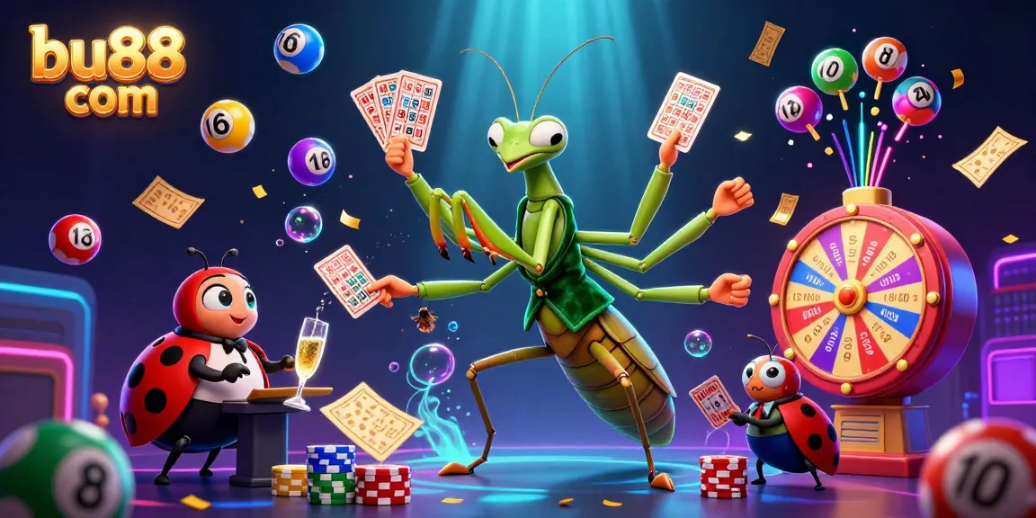 Join the fun at bu88 com with a colorful lottery scene featuring a giant card sharp and pit boss.