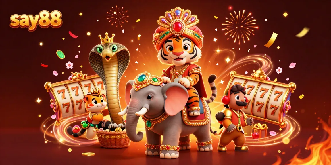 Experience ultimate excitement at say88 with vibrant slot reels and dynamic characters in a rich casino scene.