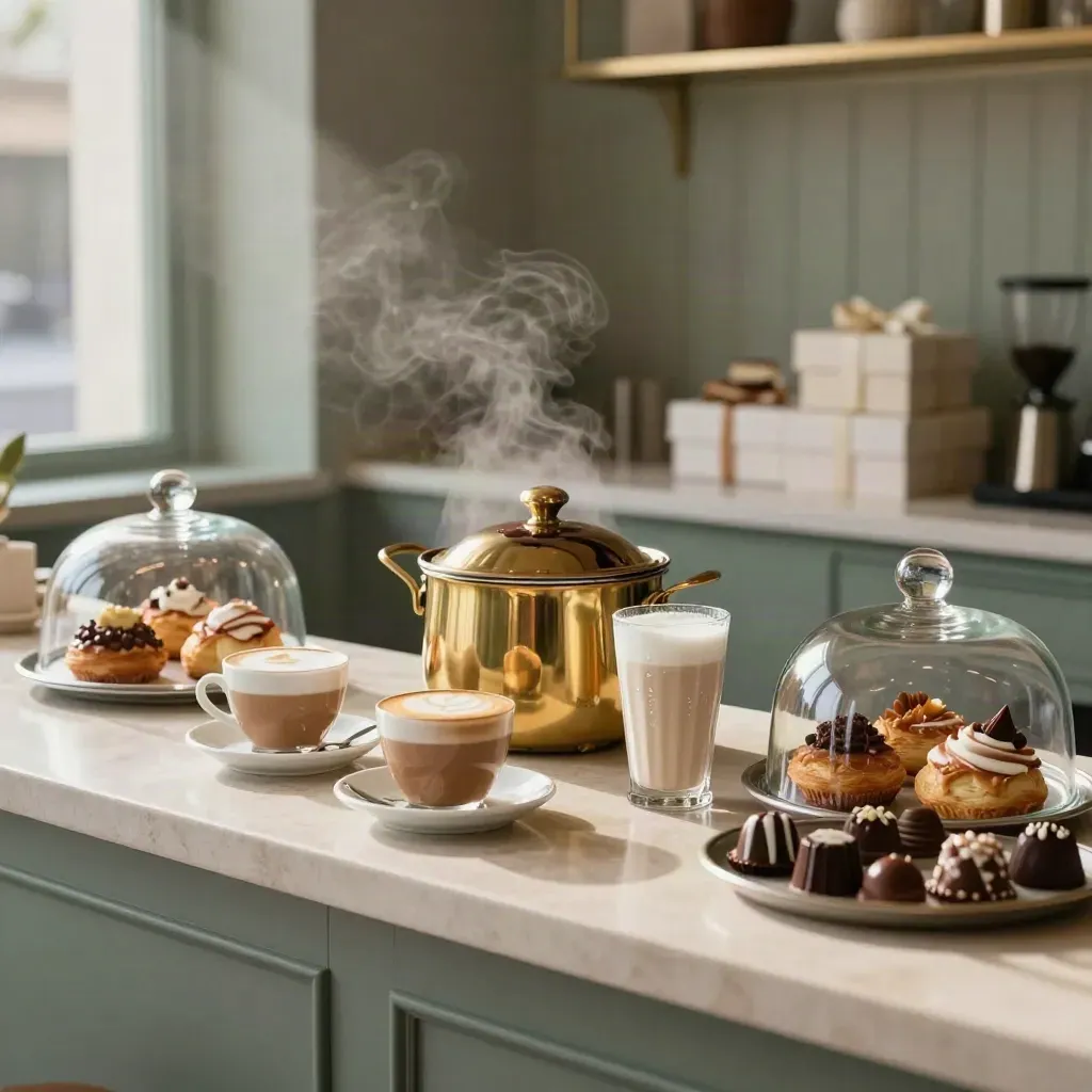 Bancone di caffetteria con cioccolato caldo, cappuccini, milkshake e dessert, luce mattutina