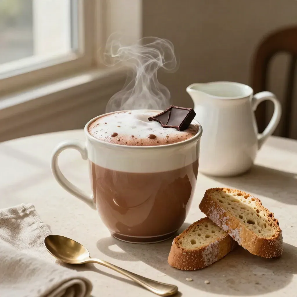 Tazza fumante di cioccolata calda con latte, biscotti e scaglia di cioccolato su tavolo chiaro.