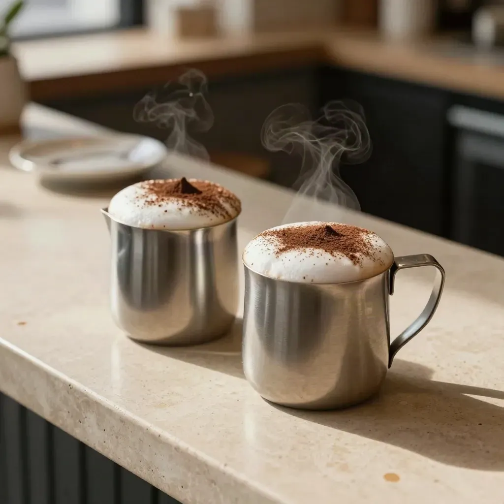 Due cappuccini con schiuma perfetta e bricco inox su banco di pietra chiara, luce calda.