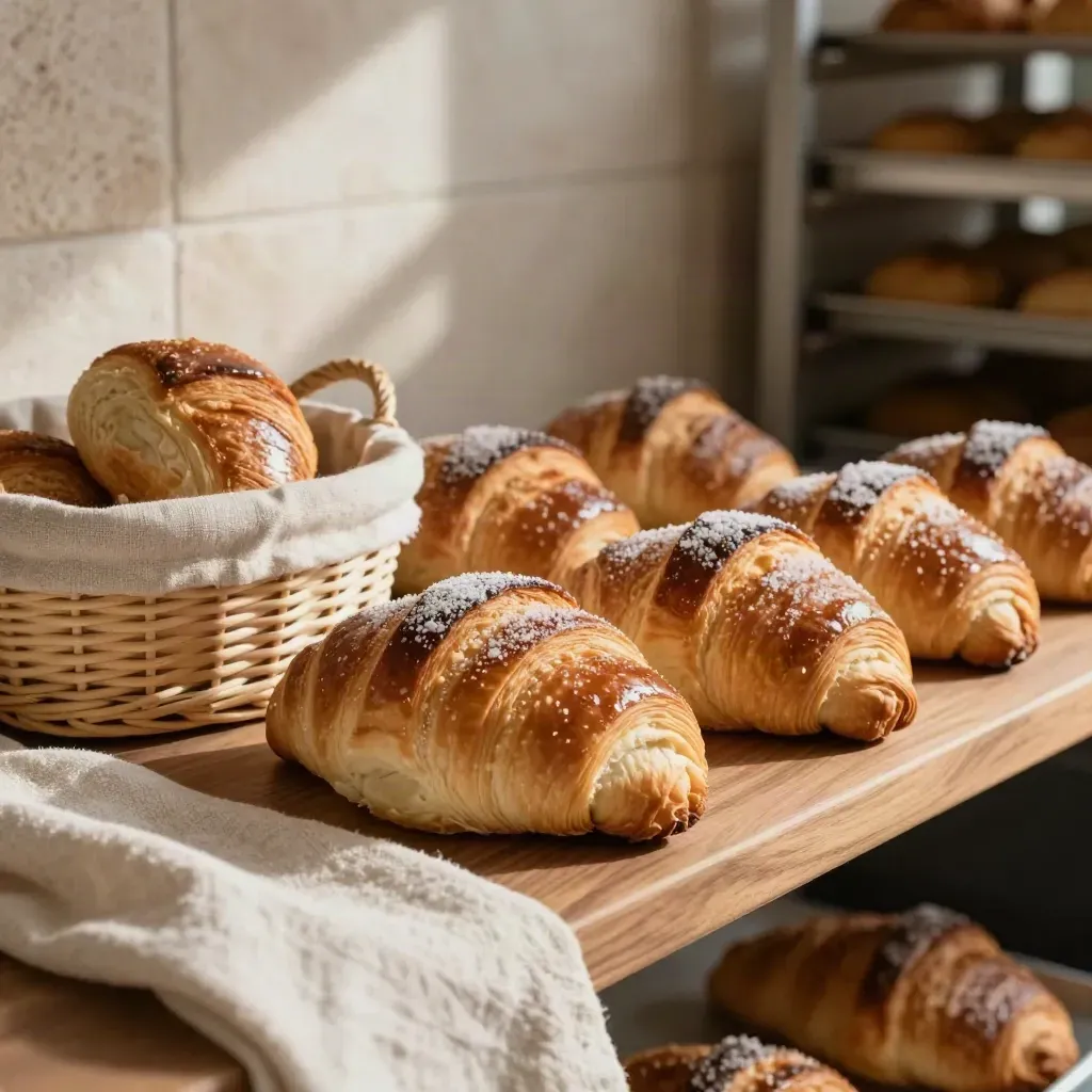 Basket di brioche e frolle su mensola di pasticceria, luce calda del mattino