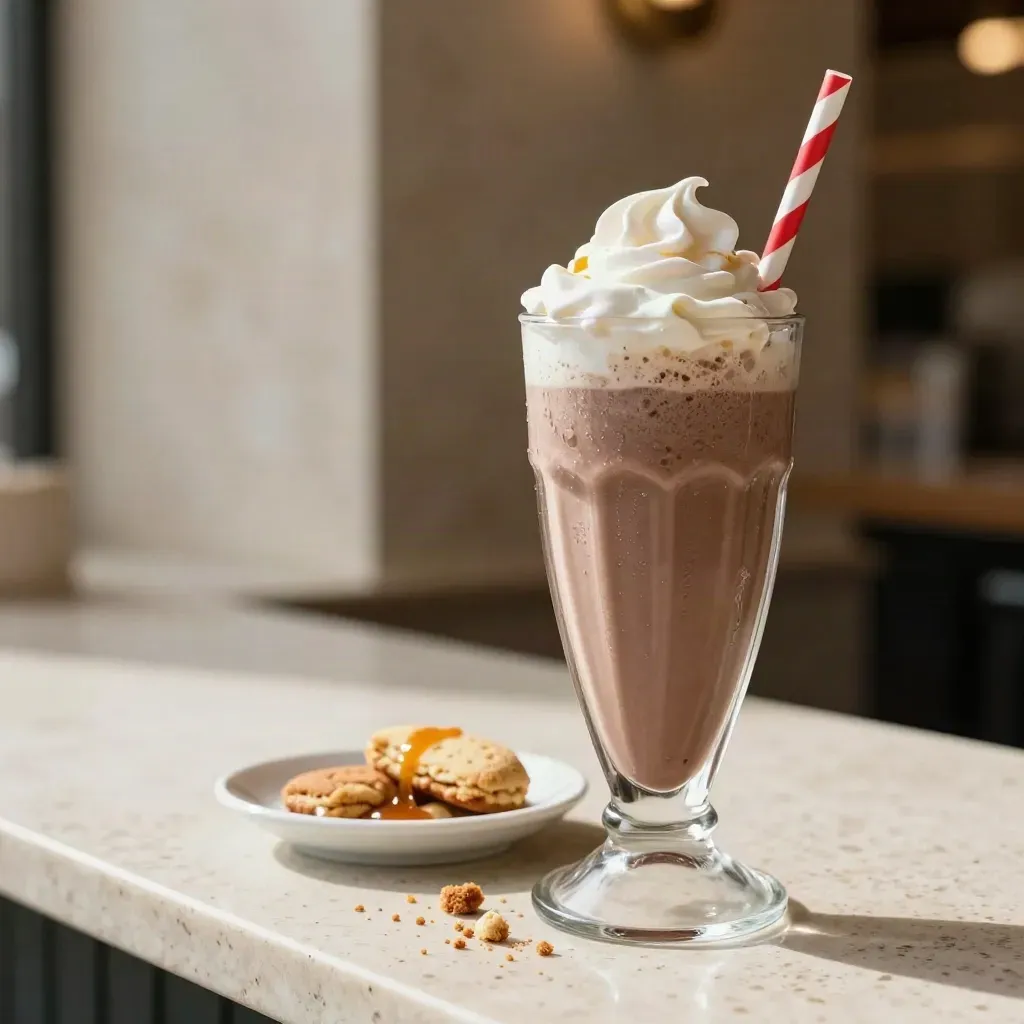 Milkshake al cacao freddo con panna e briciole di biscotto su bancone in travertino.