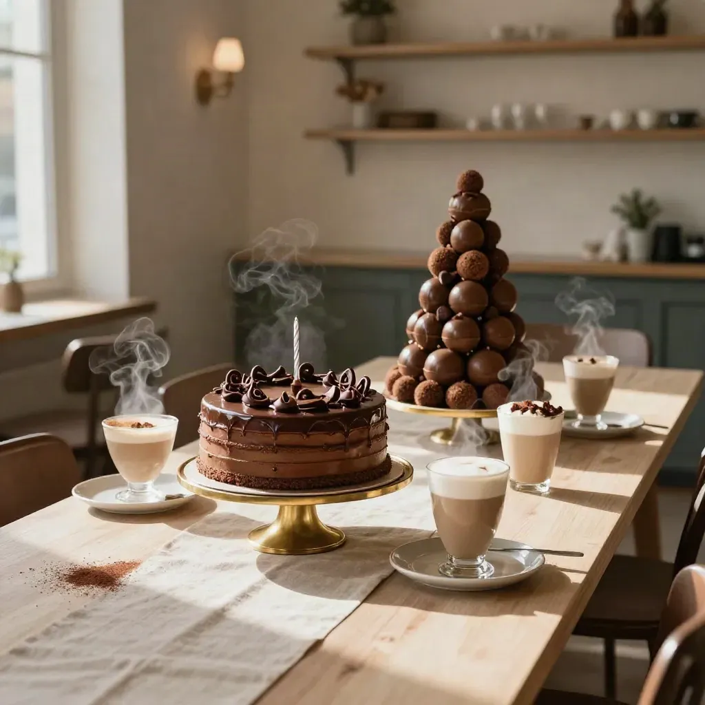 Torta al cacao, torre di praline e quattro bevande calde su tavolo da dessert.