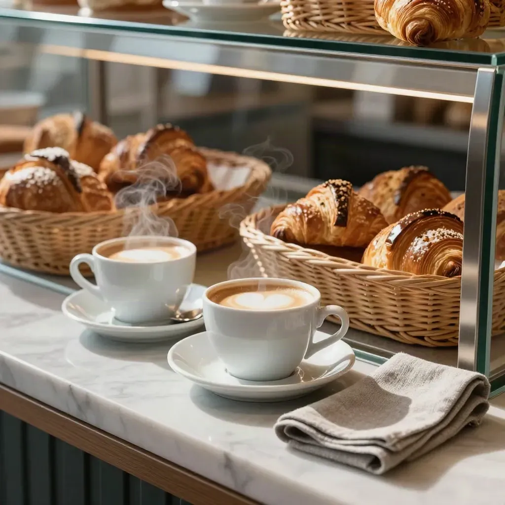 Banco colazioni con cappuccino, brioche e piattini, luce mattutina calda in un caffè italiano.