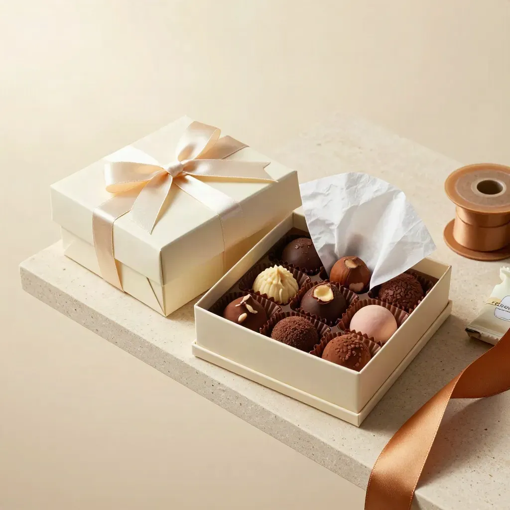 Scatola regalo di praline con nastro crema e confezione aperta su fondo chiaro