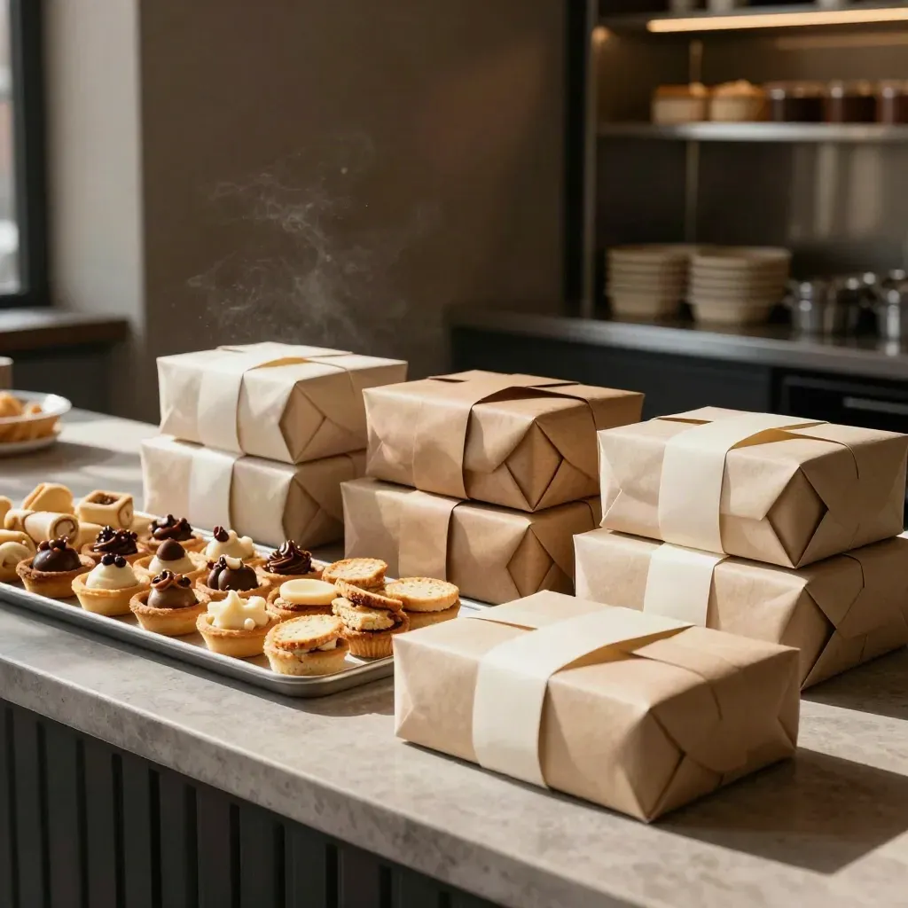 Box e vassoi di dolci pronti per una pausa ufficio in un ambiente di pasticceria