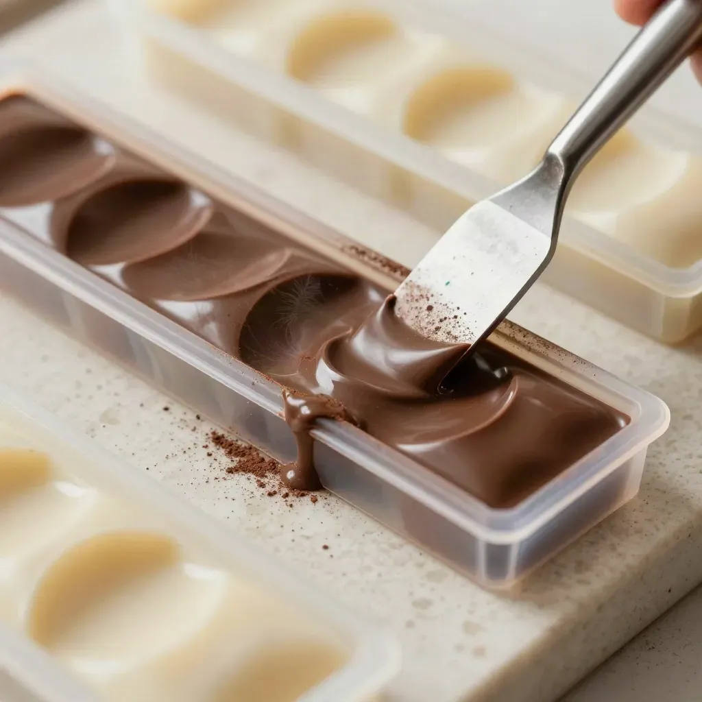 Macro di stampi per praline, spatola da temperaggio e termometro sul banco del cioccolatiere.