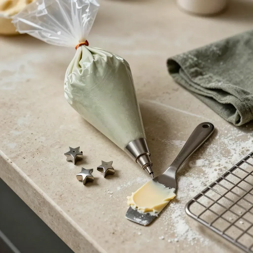 Sac à poche, beccucci stellati, spatola e griglia con zucchero su banco da pasticceria.