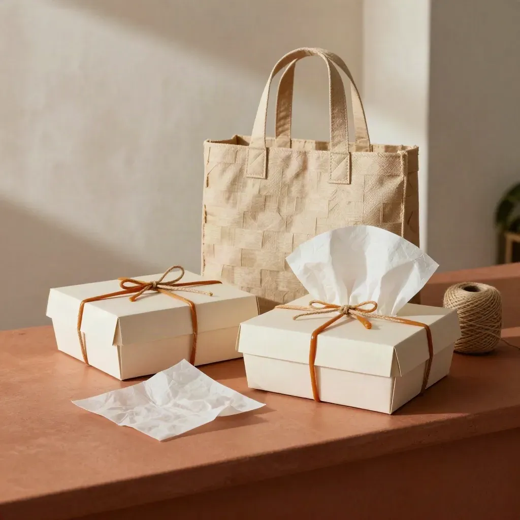 Scatole per dolci, borsa da consegna, spago e velina su banco caldo.