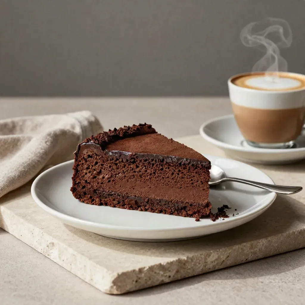 Fetta di torta al cacao, cucchiaio e cappuccino a metà su vassoio di pietra.