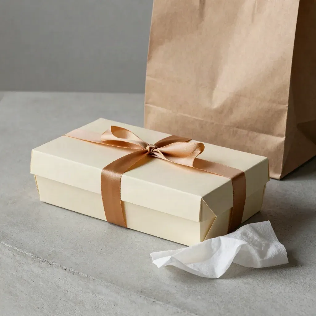 Scatola dessert chiusa, borsa carta, rocchetto nastro e carta velina su cemento chiaro.