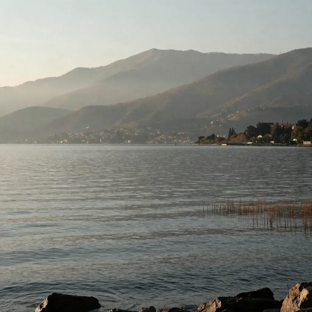 Lago di Como all’imbrunire, colline di Varese nella foschia