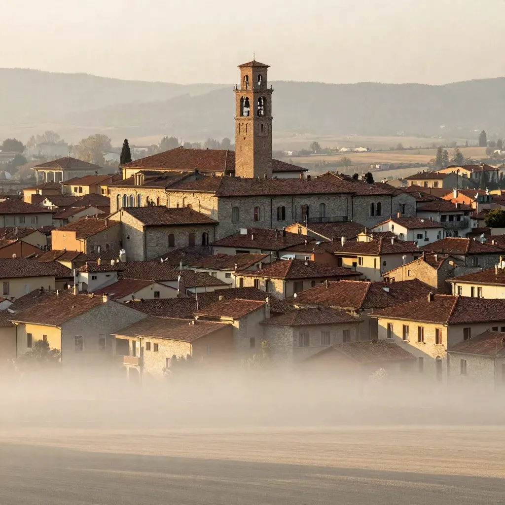 Bergamo Alta sopra tetti in cotto e pianura dorata verso Lodi al tramonto.