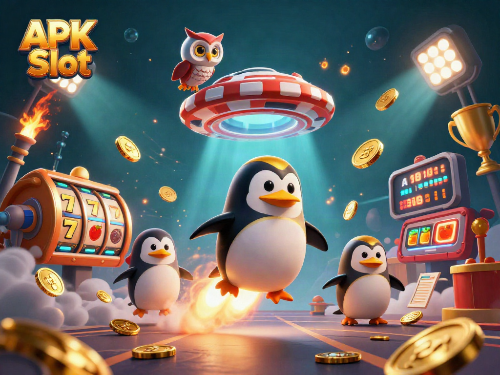 Spin reels with the APK Slot game in a dynamic casino illustration featuring a golden penguin.
