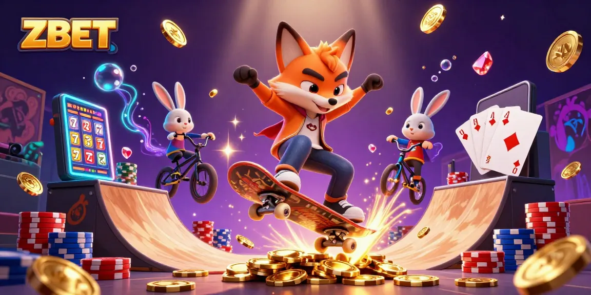 ZBET captures the excitement of a vibrant casino scene with a fox doing tricks amidst rich gambling elements.