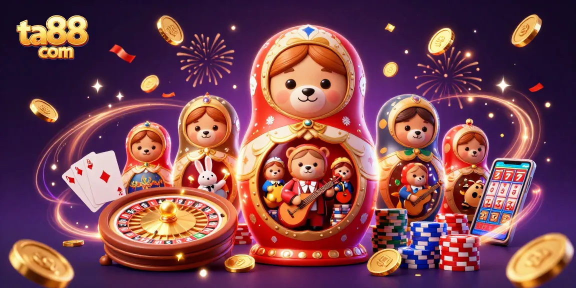 Win big with ta88 com featuring a vibrant casino scene with playful characters and rich game elements.