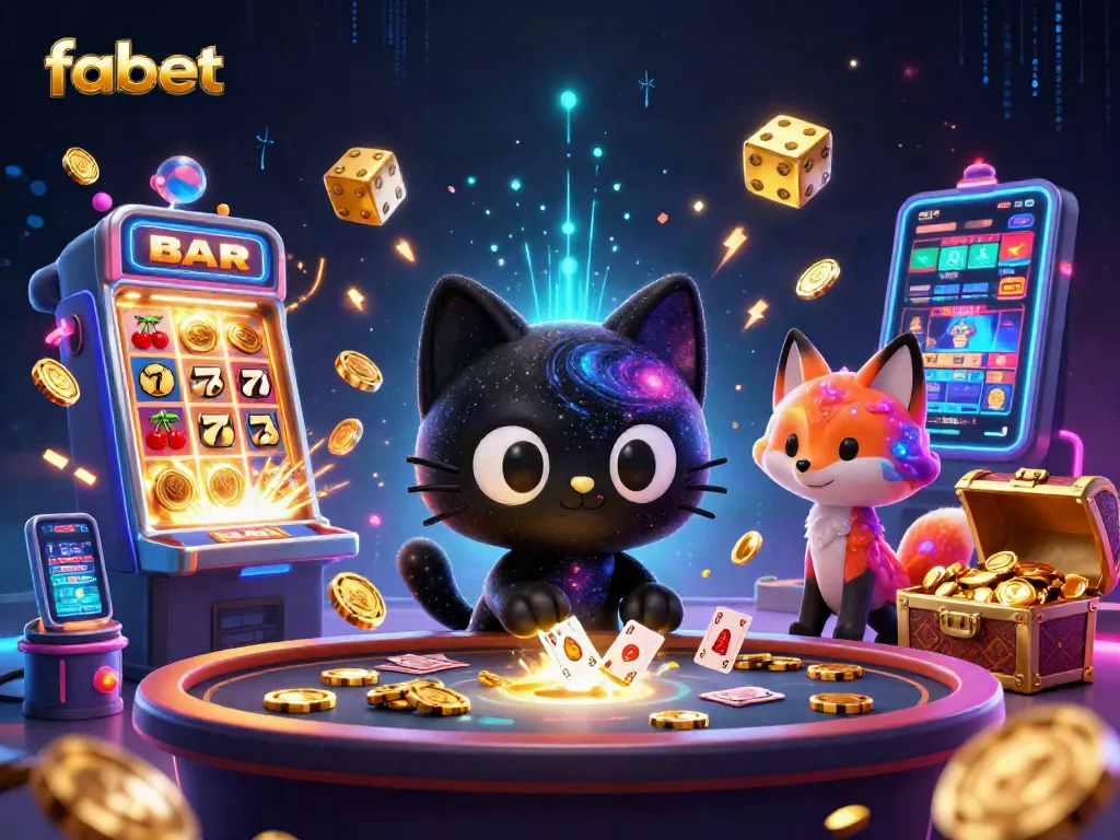 Experience fabet featuring a cartoon black hole cat at a cosmic casino, drawing in golden chips with a nebula fox companion.