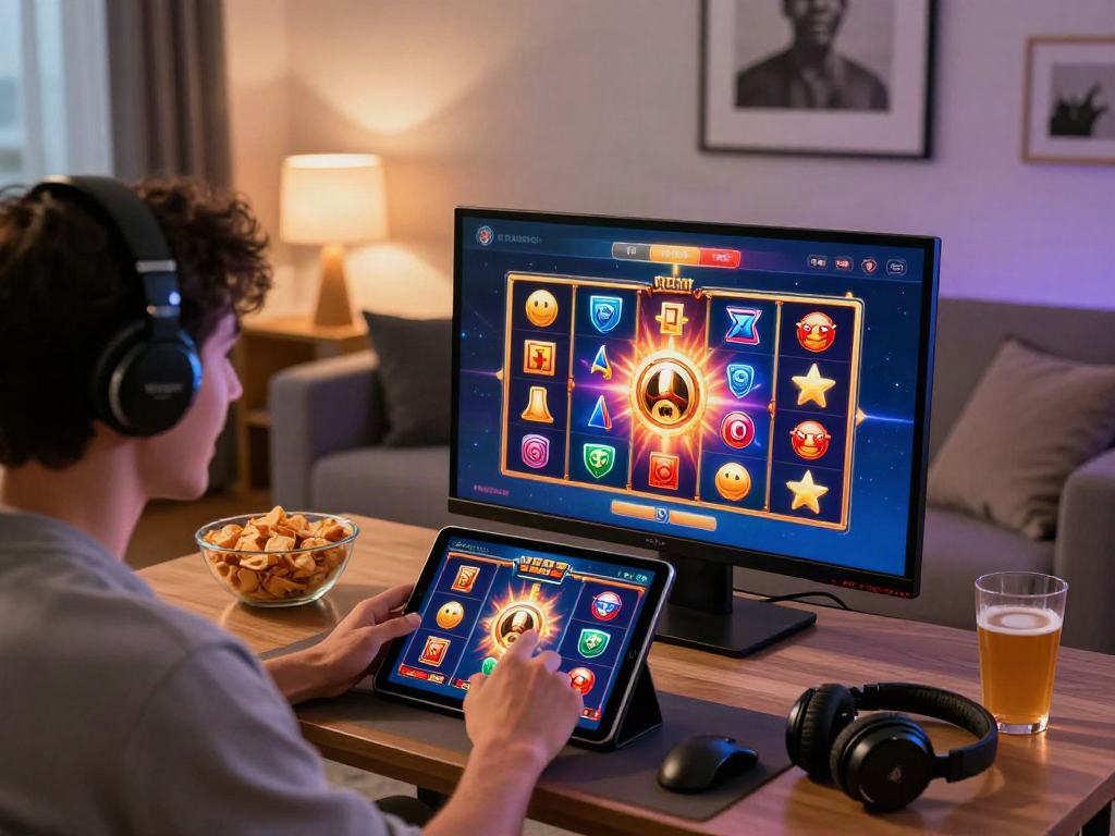 Engaged user excitedly navigating rokok88 slot login on a tablet during gaming.