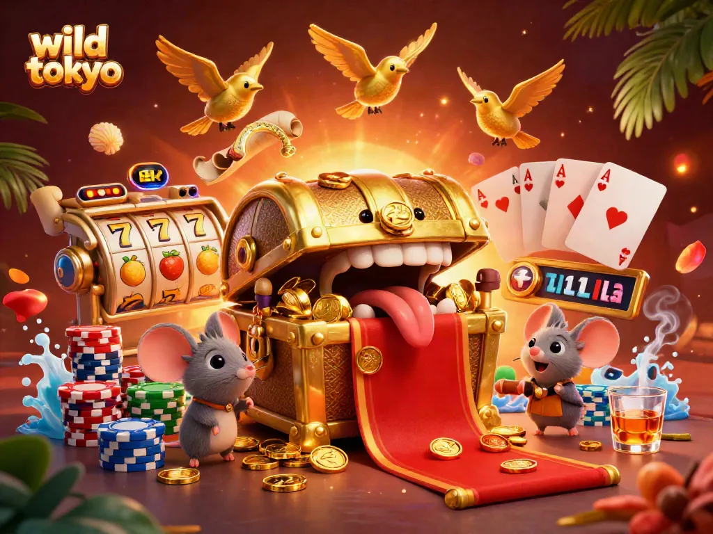 Experience thrilling gameplay at wild tokyo with the vibrant treasure scene filled with slot reels and colorful coins.