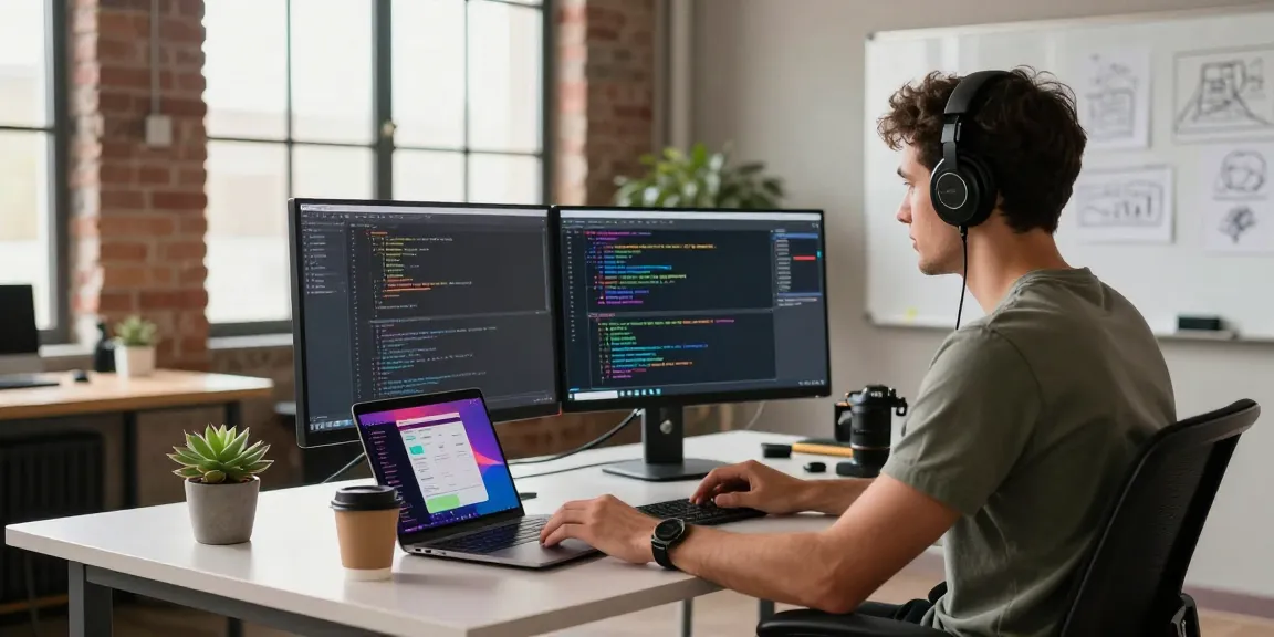 Dynamic workspace featuring a developer at the WPS Official Website setup, engaged in coding and project management.