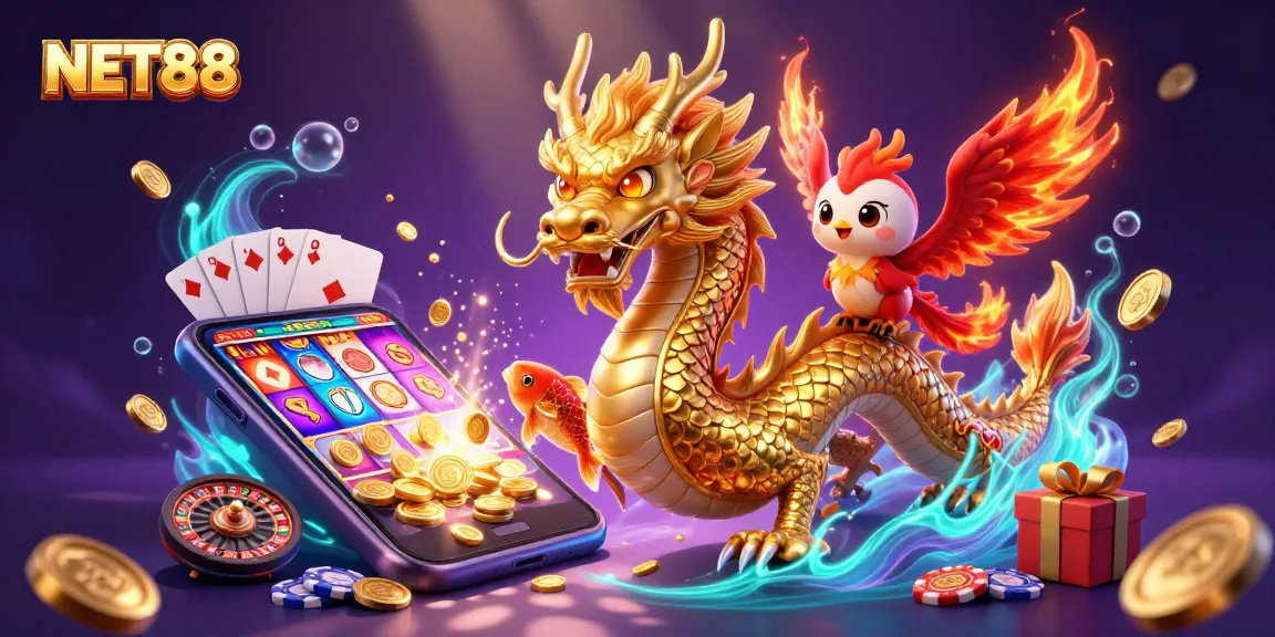 Engage with NET88 featuring a majestic dragon, phoenix, and koi in a vibrant casino scene