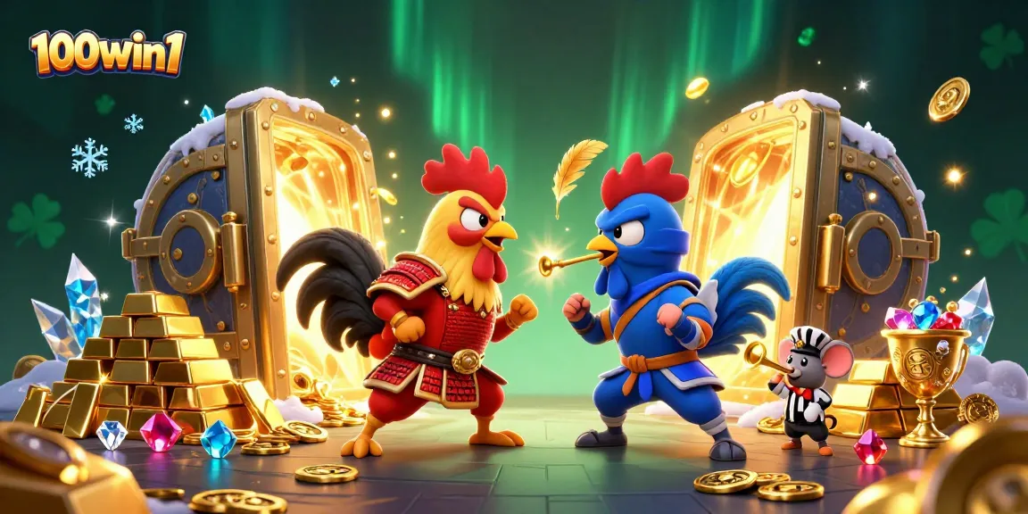 Experience thrilling action with fighting roosters in a vibrant casino scene, showcasing 100win1.