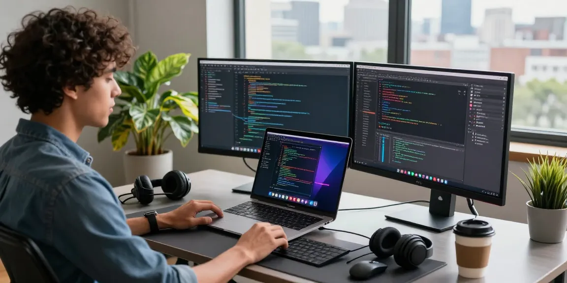 Modern workspace with M5 MacBook, dual monitors, and vibrant plants, showcasing a productive tech environment.