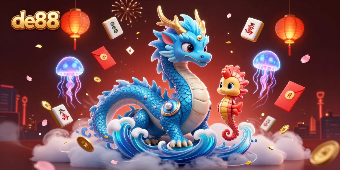 Join the thrilling adventure at de88, a vibrant scene with a water dragon and gaming icons